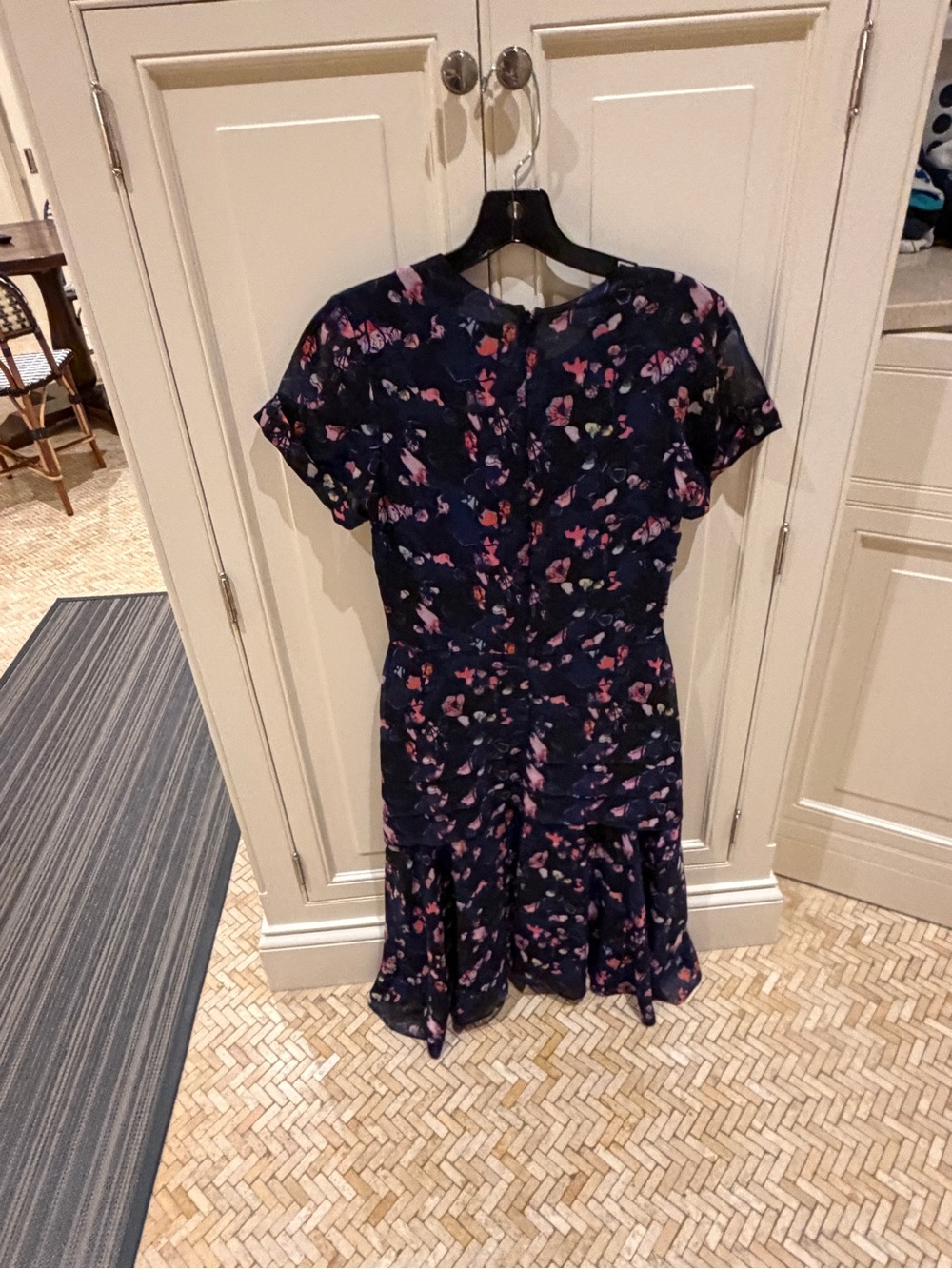 Jason Wu Navy Floral Short Sleeve Ruffled Skirt Dress